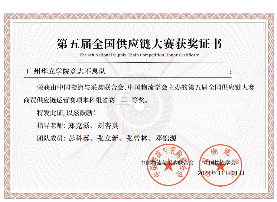 2024年11月彭科蓁张立新张曾林邓锦源第五届全国供应链大赛获奖证书省赛二等奖