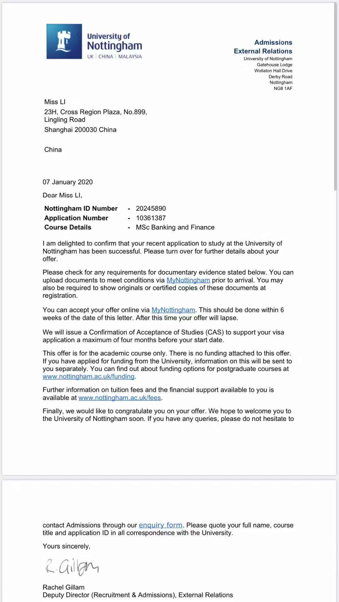 项目学生获得英国诺丁汉大学研究生录取 offer.png