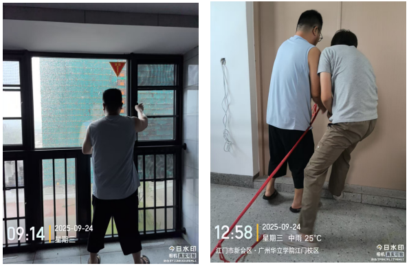图为江门校区总务处台风天气下做后勤保障工作